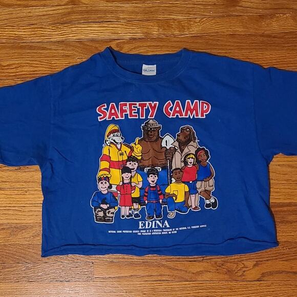 Safety Camp Crop Top Tee Shirt Blue Red Yellow - Picture 2 of 6